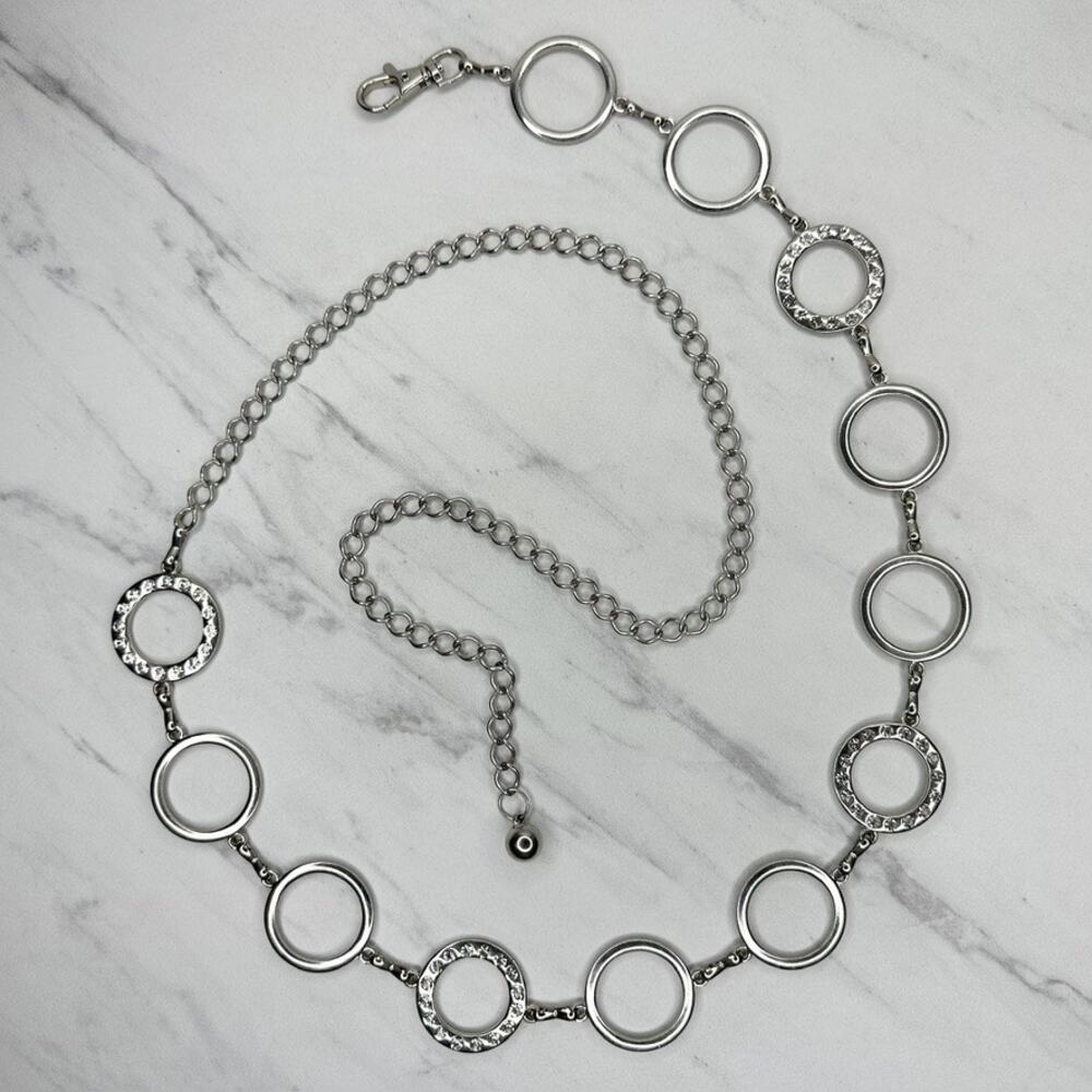 Rhinestone Open Hoop Circle Silver Tone Chain Link Belt One Size (OS) ✨